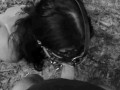 Naked submissive slut taken for a walk on a leash in forest