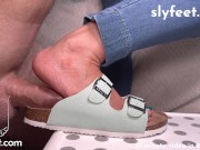 Green Birkenstocks footjob with a huge cumshot on them