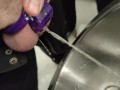 Peeing in public toilet wearing chastity with help from my gf