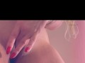 Sexy curvy blonde teasing in green lingerie then rubbing on wet pussy!
