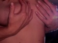 Caressing the beauty's breasts and licking her nipples. Perfect tits and loud moans