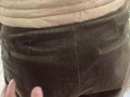 a good blowjob on the balcony followed by a cumshot on nylon buttocks