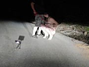 On public road total naked whore on leash and high heels pissing while sucking husband's cock