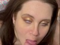 Thick Blue Eyed MILF Sucking Cock Gets A Massive Cumshot On Face And In Hair