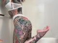 Tattooed MILF with big tits & split tongue masturbating in shower until she squirts