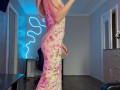 masturbates wet pussy in evening dress with heels and stockings