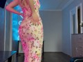 masturbates wet pussy in evening dress with heels and stockings