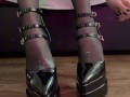 in stockings with heels spits on her legs, wet nylon feet