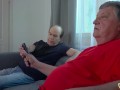 Teen brunette showing 2 grandpas a good time with a hot footjob and cumshot on her pussy