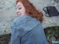 Public Agent Sexy redhead waitress sucks cock and gets fucked doggystyle outside in public