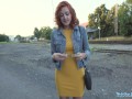 Public Agent Sexy redhead waitress sucks cock and gets fucked doggystyle outside in public