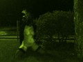 Pissing and jerking off on my naked whore in stockings by the side of public streets