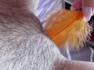 Hairy big clit pussy feather teasing
