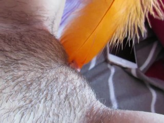 Hairy big clit pussy feather teasing