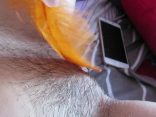 Hairy big clit pussy feather teasing