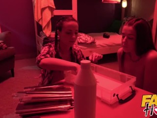 Fake Hostel Lesbian student and babe with great tits get surprise