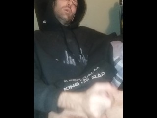 Mature male in black Eminem hoodie moaning.