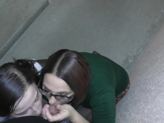 Amateur Threesome blowjob in the entrance | Public double blowjob POV