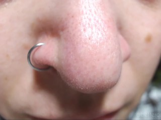 Angies full extreme close-up nose exploration: all angles, pinching...