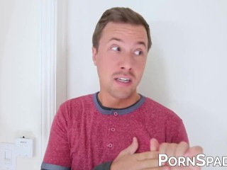 Busty redhead stepmom in red lingerie fucks her stepson