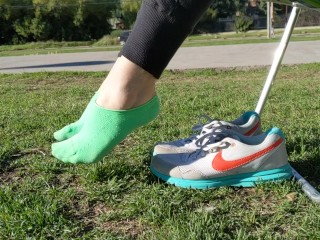 Shoeplay with sneakers at the park -- Preparing smelly socks for shipping