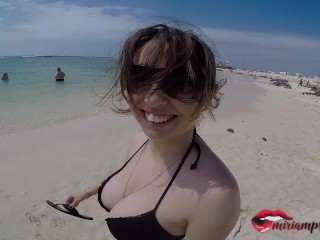 Miriam Prado Busty does a hand job with cumshot on her tits on the beach