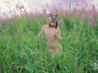 Slutty wild cat play with foreskin and swallow cum outdoor