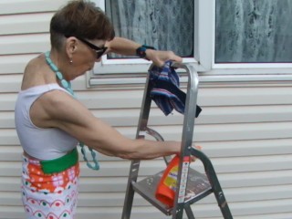 Washing Windows With Sexy Pink Thong And White Sports Bra...Look At Me!