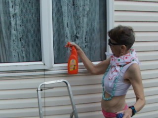 Washing Windows With Sexy Pink Thong And White Sports Bra...Look At Me!
