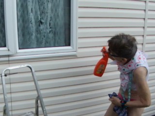 Washing Windows With Sexy Pink Thong And White Sports Bra...Look At Me!