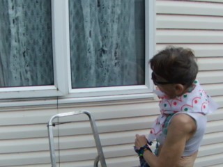 Washing Windows With Sexy Pink Thong And White Sports Bra...Look At Me!