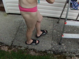 Washing Windows With Sexy Pink Thong And White Sports Bra...Look At Me!