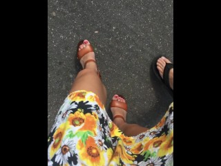 POV Sundress walking in public showing g-string in platform high heels