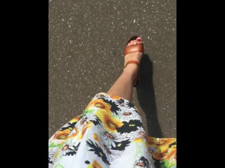 POV Sundress walking in public showing g-string in platform high heels