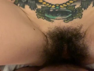 Tattooed hairy teen slut with tight pussy taking huge cock cums quick