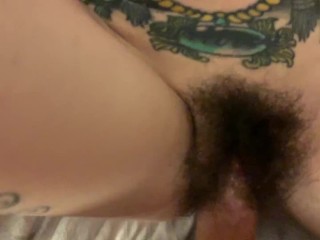 Tattooed hairy teen slut with tight pussy taking huge cock cums quick