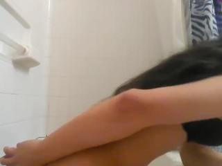 Tgirl brunette using dildo on her ass