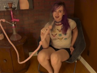 NERDY TRANS STONER GIRLFRIEND SMOKING HOOKAH IN LINGERIE WHILE JACKING OFF