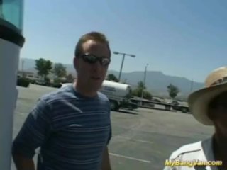 Nasty babe gets banged in the van with three big cocks