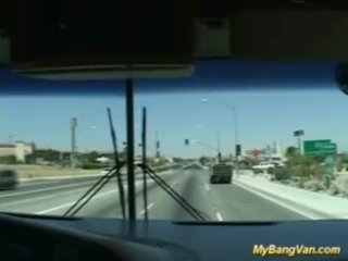 Nasty babe gets banged in the van with three big cocks