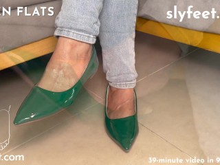 Green flats footjob and cum walk