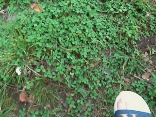 I walk in slippers in the forest. POV.