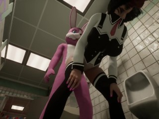 Silicon Lust double furry anal in school toilet