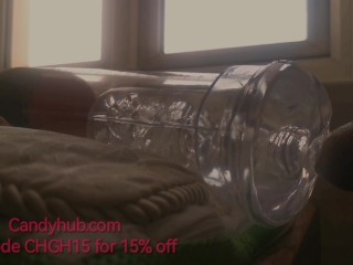 Hot Asian guy moans while having sex with a clear transparent penis enlarger near my bedroom window