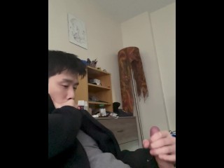 Cute Asian guy with a throbbing cock cums and moans