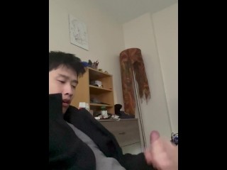 Cute Asian guy with a throbbing cock cums and moans