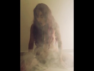 Red-haired Teenage Girl fucks herself with an inflatable Dildo in the smoke of a hookah and cigarett