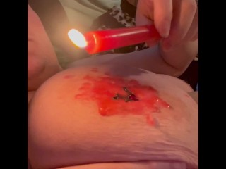 Masochistic Submissive BBW uses clamps and hot wax to torture her nipples and clit soaking wet pussy
