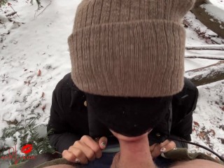 Asian Ho gives Blow in Snow -- Luna sucks Big Cock in Public Park, almost gets caught!