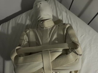 Femboy in straitjacket getting a handjob by his mistress